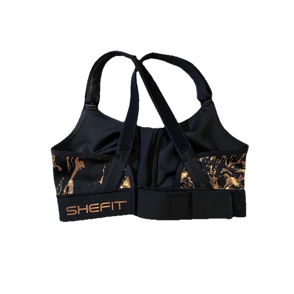 SHEFIT Flex Sports Bra Size Medium Black Rose Gold Foil Shimmer Zip Front 110003 - Picture 4 of 7